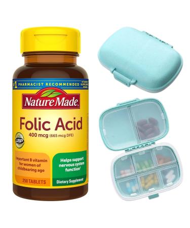 Nature-Made Folic Acid 400 mcg (665 mcg DFE) Dietary Supplement for Nervous System Function 250 Tablets 250 Day Supply + Bonus Pill Box Included