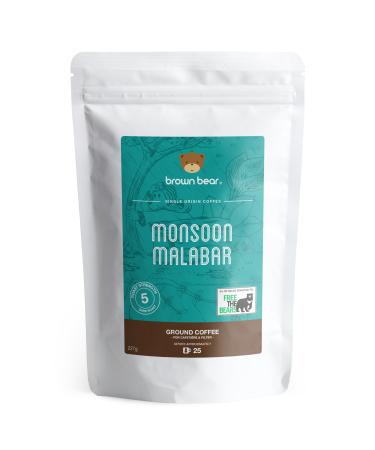 Indian Monsoon Malabar Strong Aged Ground Coffee 227g - For French Press Cafetiere Filter Drip V60 Aeropress - Brown Bear India Coffee - Dark Roast - Strength 5 - Donation to Free The Bears coffee 227.00 g (Pack of 1)