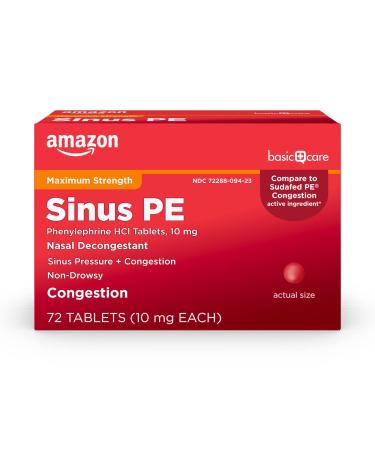 Amazon Basic Care Maximum Strength Nasal Decongestant PE, Phenylephrine HCl, 10 mg Tablets. Nasal and Sinus Congestion, Sinus Pressure, 72 Count