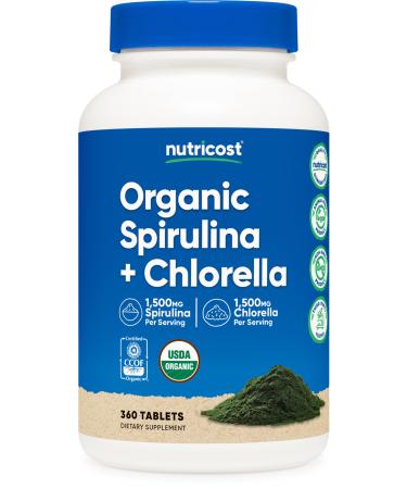 Nutricost Organic Spirulina + Chlorella (3 000mg) 360 Tablets - USDA Organic 1 500mg Spirulina 1 500mg Chlorella Vegan GMO-Free Gluten-Free 60 Servings 360 Count (Pack of 1)