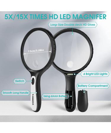 Large 5X 15X Handheld Illuminated Magnifying Glass with Light, LED Lights, Storage Bag & Clean Cloth - Ideal for Seniors, Reading, Inspection, and Exploring - Buy Online on GoSupps.com