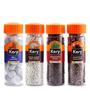 Kery Gift Combo White Sweet Saunf Imli Ladoo Banarasi Mix Chatpata Khajoor Mouth Fresheners (4 Bottles) 480g_Packing May Vary