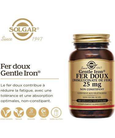 Solgar Gentle Iron Gentle Iron 25mg - Vitality - Highly assimilable iron and optimal tolerance - Non-constipating - Food supplement - Bottle of 90 vegetable capsules - Buy Online on GoSupps.com
