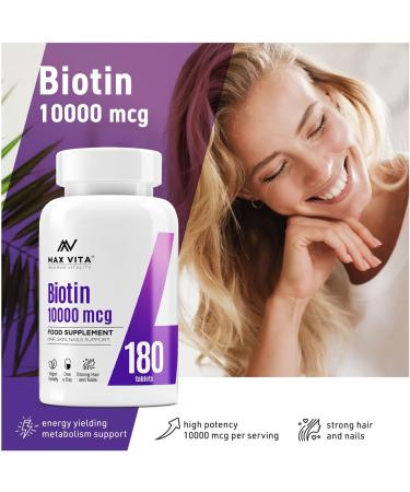 Biotin 10,000mcg High Strength Supplement for Healthy Hair, Skin, and Nails | 180 Vegetarian Tablets | Non-GMO & Gluten Free | Made in the UK - Buy Online on GoSupps.com