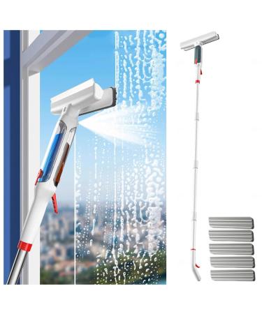 RRRYYYZZ 75'' Spray Window Squeegee for Home with 4-Section Extension Pole 4 in 1 Shower Glass Cleaner Squeegee Glass Squeegee with Sewage Collector and 5 Pads