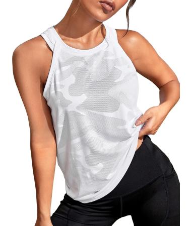 OYOANGLE Women's Camo Print Sleeveless Workout Shirts Exercise Running Tank Tops Active Gym Tops Medium White