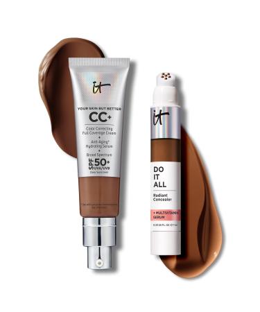 IT Cosmetics CC+ Cream with SPF 50+ Natural Finish Full Coverage Foundation (Deep Honey - 1.08 fl oz) & Do It All Radiant Concealer Multivitamin Serum Makeup (615 Deep Neutral - 0.2 fl oz)