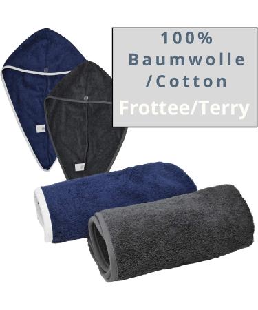Homelevel 2x Terry Hair Turban with Button - 100% Cotton Quick Drying Hair Towels - Dark Blue & Light Gray - Perfect for Easy Hair Drying - Buy Online on GoSupps.com