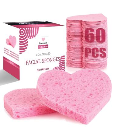 60-Count Compressed Facial Sponges 100% Natural Cosmetic Spa Sponges for Facial Cleansing Exfoliating Mask (Pink Heart)
