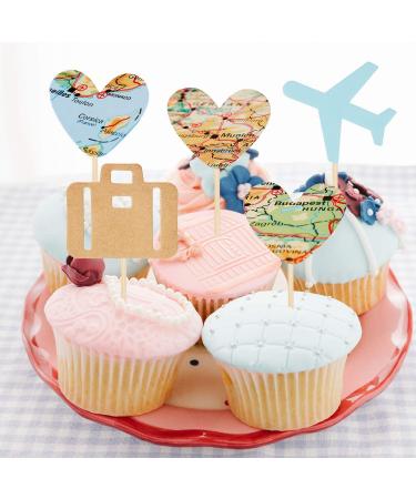 36 Pieces Travel Themed Cupcake Toppers Set Airplane Cupcake Toppers Map Heart Cake Toppers for Travel Themed Baby Shower Party Decorations (Blue and Brown) - Buy Online on GoSupps.com