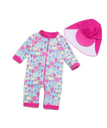 BONVERANO Baby Girls Swimsuit Toddler Bathing Suit Full-Length Zipper One Piece Swimwear with UPF 50+ Sun Protection Ice Cream 2-3 Years