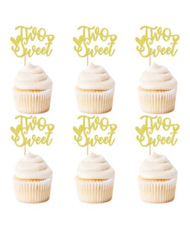 Keaziu 24 Pack Valentine's Cupcake Toppers Two Sweet Cupcake Picks for Wedding Proposal Engagement Bridal Shower Sweet Love Theme Party Cake Decoration Sweet Gold