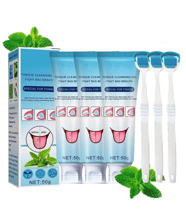 Tongue Cleaning Gel with Tongue Scraper Brush 50g Tongue Cleaning Brush Kit Scraper Scrubber Oral Deodorant Mint Scent Remove Bad Breath And Freshen Breath Easy To Use & Clean (3Pcs)