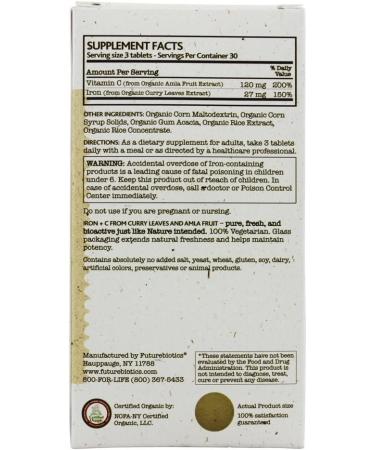 FutureBiotics Organic Iron + C - 90 Vegetarian Tablets for Optimal Health - Buy Online on GoSupps.com