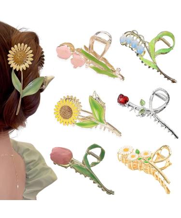 Flower Metal Hair Claw Clips 6 Pcs Cute Large Tulip Hair Claw NonSlip Hair Barrettes Strong Hold Hair Clamps Fashion Hair Accessories for Woman Girls with Long Thick Thin Curly Hair (A Style)