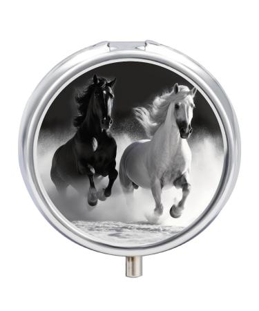 Round Pill Box Black and White Horses Running Print 3 Compartment Medicine Pill Case Print Pill Organizer Decorative Metal Portable Pill Box Pocket Pill Box Style