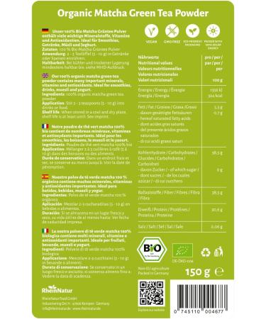 RheinNatur Th vert matcha bio en poudre 150 g - Matcha 100% bio - Id al pour le th matcha et le matcha latte - Riche en min raux vitamines et antioxydants - Buy Online on GoSupps.com