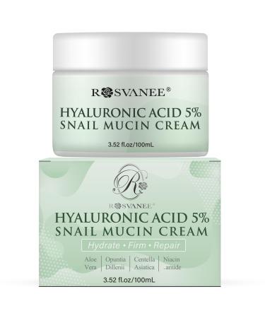 ROSVANEE 5% Hyaluronic Acid Snail Mucin Facial Cream Ultra Hydrating Firming Anti Ageing Moisturiser Nourish & Repair Face Cream with Aloe Vera & Centella 3.52 oz / 100mL
