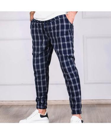 Men's Plaid Pattern Joggers | Drawstring Comfort Athletic Pants - Navy - Buy Online on GoSupps.com