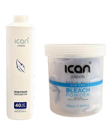 ICAN LONDON PROFESSIONAL CREAM PEROXIDE 40 VOL 12% 1000 ML + RAPID BLUE POWDER BLEACH (JAR)500 G SET