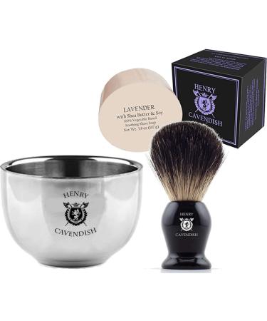 Henry Cavendish Lavender Shaving Kit with - Shaving Soap Long Lasting 3.8 oz Puck Refill plus Stainless Steel Shaving Soap Bowl plus Gentleman's 100% Pure Badger Hair Shaving Brush.