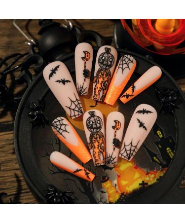 Orange French Halloween Fake Nails - 24Pcs Coffin False Nails with Ghost Pattern for Women & Girls | Nail Glue Included - Buy Online on GoSupps.com