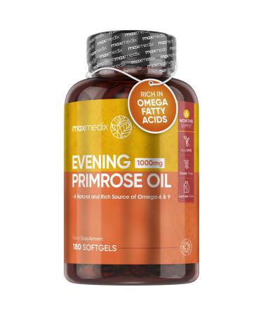 Evening Primrose Oil 1000mg | 6 Months Supply | 180 Softgels | 603mg Omega 6 Fatty Acids (100mg GLA & 503mg Linolenic Acid) & 256mg Omega 9 | Cold-Pressed | Supports Normal Blood Cholesterol (EFSA)