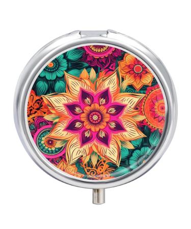 Round Pill Box Boho Mandala Colorful Flowers Print 3 Compartment Medicine Pill Case Print Pill Organizer Decorative Metal Portable Pill Box Pocket Pill Box Style