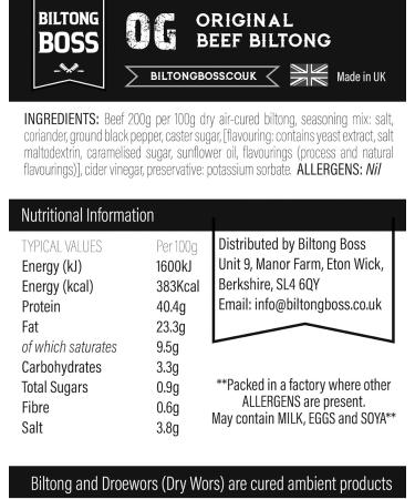 Biltong Boss Original Beef: High Protein Gluten-Free Snack for Paleo, Keto, Atkins Diets - 200g - Buy Online on GoSupps.com