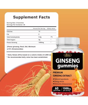 Auranic 60 Count Asian Panax Ginseng Gummies 1500mg Supplements for Men and Women, Energy Maca Ginseng Root Extract Gummies for Memory & Immunity Support, Pectin-Based Apple Flavored Chews Gummy - Buy Online on GoSupps.com
