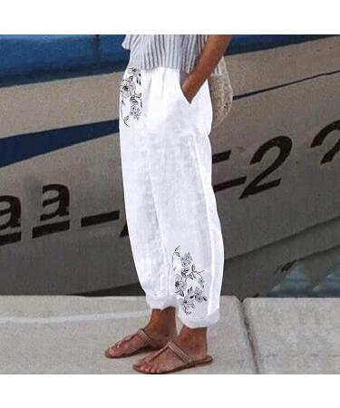 Gufesf Women's Summer Cropped Cotton Linen Capris Pants with Pockets - Plus Size Q2-White Large - Buy Online on GoSupps.com