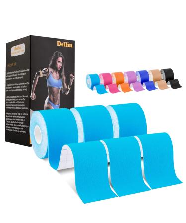 Deilin Kinesiology Tape 19.7ft Uncut Per Roll Elastic Therapeutic Sports Tapes for Knee Shoulder and Elbow Waterproof Athletic Physio Muscles Strips Breathable Latex Free 3 Rolls Blue