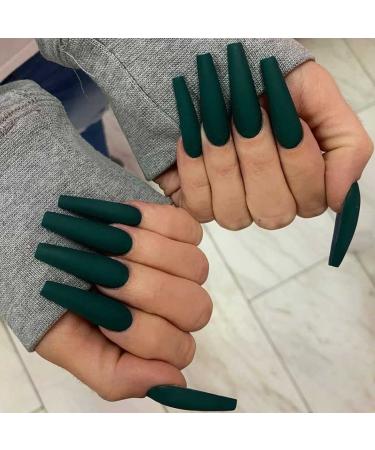 Bufenia matt pure colorful artificial nails long ballerina to press coffin complete cover wrong nails for women and girls 24 pieces (dark green)