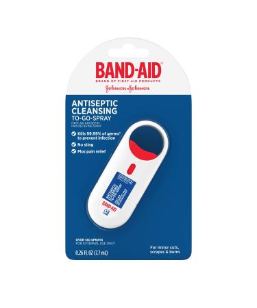 Band-Aid Brand Antiseptic Cleansing to-Go-Spray  First Aid Antiseptic Spray Relieves Pain & Kills Germs Anywhere  Benzalkonium Cl Antiseptic & Pramoxine HCl Topical Analgesic.26 fl. oz