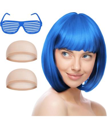 AOMIG Short Bob Wig for Women 4 Pack Short Blue Bob Wigs Set with Sunglass and Wig Cap Neon Fancy Dress Accessory Cosplay Wig with Bangs Synthetic Straight Wig for Daily Halloween Party Cosplay - Buy Online on GoSupps.com