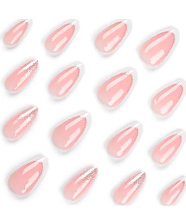Shop Mouyouglow Short Almond Press On Nails - Nude Pink & White French Silver Glitter | Artificial Fingernails with Nail Glue - Buy Online on GoSupps.com