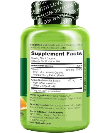 NATURELO Vitamin C with Organic Acerola Cherry Extract and Citrus Bioflavonoids - Vegan Supplement - Immune Support - 500 mg VIT C per Cap - Non-GMO - 180 Capsules (Pack of 2) 180 Count (Pack of 2) - Buy Online on GoSupps.com