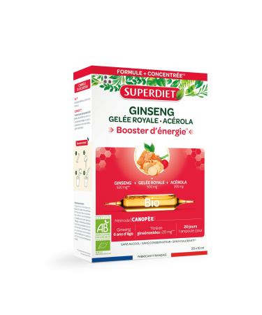SUPERDIET - GINSENG PANAX ROYAL JELLY ACEROLA BIO-Booster tonics Immune Defenses-French Manufacture-20 ampoules of 10 ml