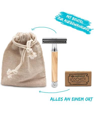 Chinchilla Razor Plane | Sustainable Olive Wood & Metal Razor | Zero Waste & Plastic-Free | Includes 10 Blades & Bags | Eco-Friendly Grooming for Men & Women - Buy Online on GoSupps.com