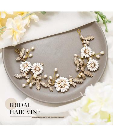 Edary Bride Wedding Hair Vine Gold Flower Hair Accessories Bridal Pearl Headband Crysal Leaf Headpiece for Women and Girls - Buy Online on GoSupps.com