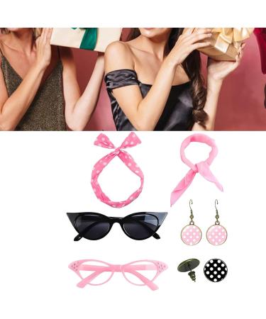 Dtaigou 50s Accessories for Women Headband Drop Earrings Set for 1950s Outfits Cat Eye Glasses with Vintage Polka Dot Hair Bands and Headband for Women Pink One Size - Buy Online on GoSupps.com