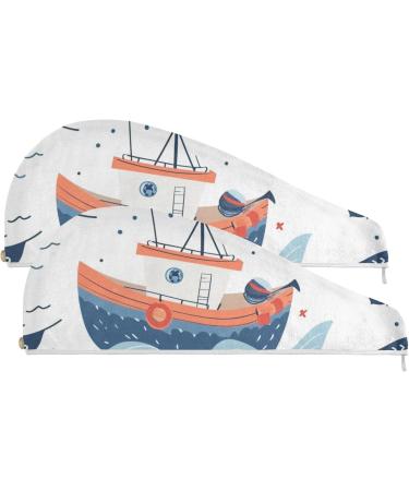 Boats Waves Hair Towel 2 Pack - Super Absorbent Quick Dry Hair Turbans for Women & Girls | Ideal Hair Drying Towel with Button Wrap - Buy Online on GoSupps.com