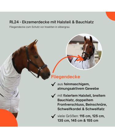 RL24 Eczema Horse Ceiling with Neck & Abdomen - Fine Meshed Insect Protection - Silver Gray 135cm | Double Front Closure & Leg Cords - Buy Online on GoSupps.com