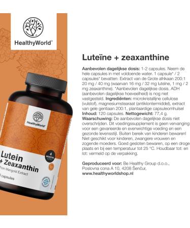 Be Healthy Group doo Lutein + Zeaxanthin 120 Vegetable Capsules 2 Natural Carotenoids 32mg Lutein and 2mg Zeaxanthin per Daily Dose for 2 4 Months Support Vision & Eyes - Buy Online on GoSupps.com