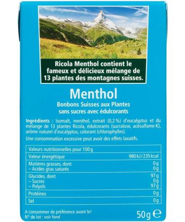 Ricola - Swiss Plant Sweets - Menthol Fragrance - Beneficial and Extra Fresh - Sugar Free - Box of 50g - Buy Online on GoSupps.com