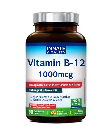 Innate Vitality Vitamin B12 1000mcg Sublingual Methylcobalamin for Energy Metabolism Mental Clarity Nervous System Health Peach Flavor Zero Sugar 90 Fast Dissolve Tablets