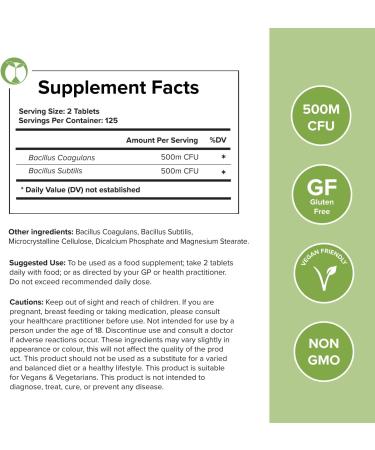 Gut Health Probiotic Supplement | Daily Complex for Men & Women | 250 Tablets | 500 Million CFU Bacillus Subtilis & Coagulans - Buy Online on GoSupps.com