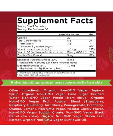 Elderberry Gummies with Vitamin C - Immune Support 5 in 1 Defense Vitamins - Zinc, Vegan, Non-GMO - Cherry Flavor - 90 Count (2 Pack) for Adults & Kids - Buy Online on GoSupps.com