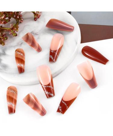 Sethexy Long Coffin False Nails Sparkly Brown Press-On Ballerina Acrylics for Women | 24-Hour Wear - Buy Online on GoSupps.com