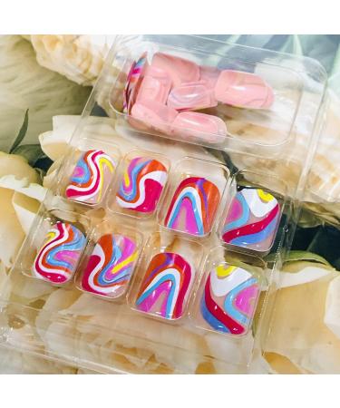 Vezocim Press on Nails - 24PCS Glossy Short Coffin Nails with Colorful Wavy Line Designs | Extra Short Acrylic Fake Nails for Women - Buy Online on GoSupps.com